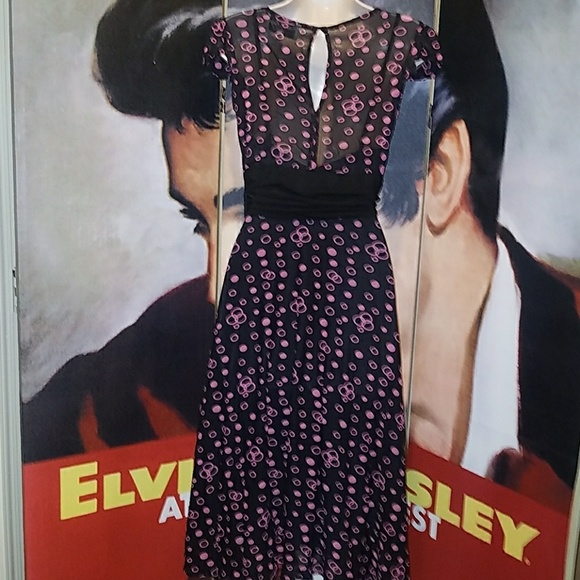 Tatyana Jenny Vintage 1940's Hollywood Starlet Black Chiffon Tea Dress Pink Dots - Picture 3 of 8